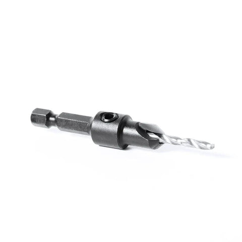 Hardcore Industrial Grade Quick Countersink One Eighth Inch Diameter Straight Cutting Tip For Fine Woodworking Cabinet Making And Metal Fabrication showing a close-up view of a carbide drill bit.