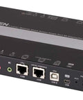 Image of Top Shelf 4K DisplayPort KVM Switch Over IP with ports for local access and remote control, sleek black design.