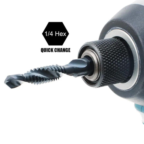 Close-up of Six Pack Drill Tap Bit Set With Black Nitride Coating for Power Drills and Drivers, 1/4 inch hex shank in drill