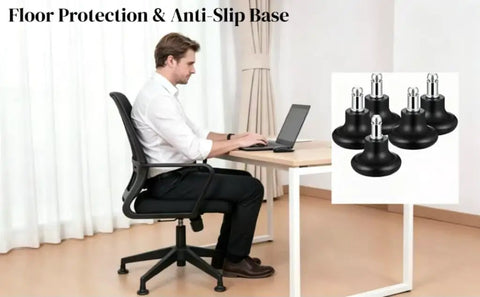 Set Of 5 Premium Bell Glides For Office Chair Caster Replacement on a stable office chair under a man working at a desk.