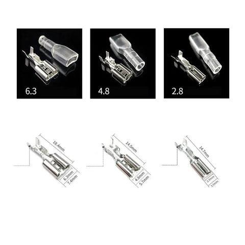 Front and side view of 30 Pack 2.8mm Spade Crimp Terminals For 16AWG Wire, Insulated Female Quick Connectors With Tin-Plated Copper.