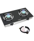 Grillin Ready Portable Double Burner Propane Stove with Auto Ignition showing tempered glass cooktop and included CSA regulator and hose