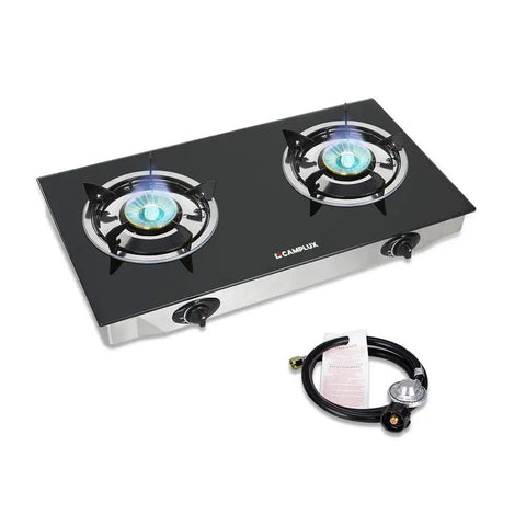 Grillin Ready Portable Double Burner Propane Stove with Auto Ignition showing tempered glass cooktop and included CSA regulator and hose