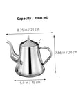 Premium Stainless Steel Long Spout Pour Over Kettle With Cool Touch Grip, 2000 ml capacity, dimensions shown for precise brewing.