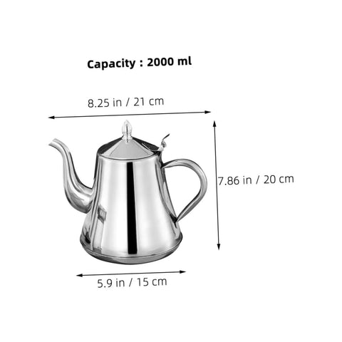 Premium Stainless Steel Long Spout Pour Over Kettle With Cool Touch Grip, 2000 ml capacity, dimensions shown for precise brewing.