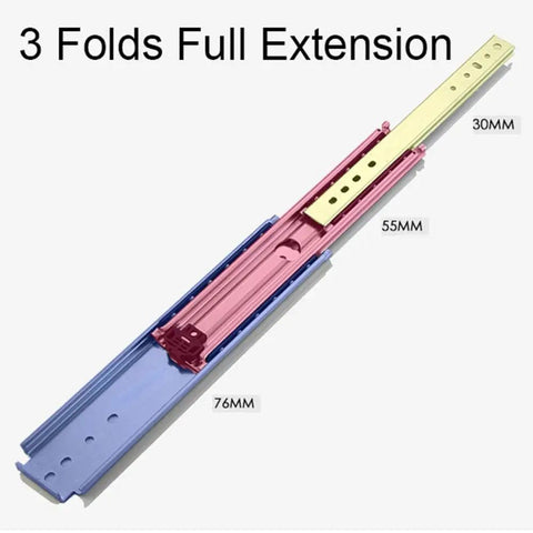 Rock Solid Steel Drawer Slides With Double Row Ball Bearings For Ultra Heavy Duty Full Extension Cabinet Rails Built Tough To Handle Serious Weight Smooth As Butter On Eighty Inch Drawers displayed in a 3-fold design with labeled dimensions.
