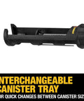 Cordless 20V Caulking Gun With Variable Speed Trigger And Flow Dial, 10 Oz Capacity, Anti Drip Auto Retracting Plunger, Interchangeable Canister Tray close-up.