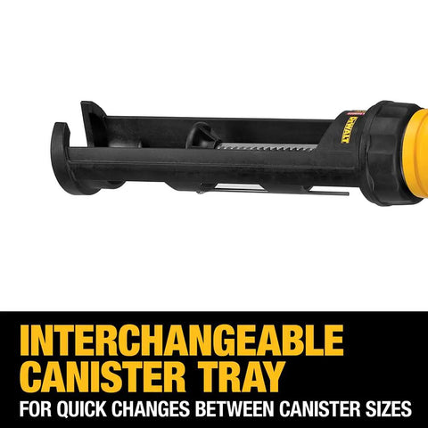 Cordless 20V Caulking Gun With Variable Speed Trigger And Flow Dial, 10 Oz Capacity, Anti Drip Auto Retracting Plunger, Interchangeable Canister Tray close-up.