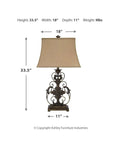 Traditional 33.5 Inch Table Lamp With 3-Way Switch Brown Finish, dimensions displayed, classic home accent.