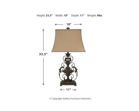 Traditional 33.5 Inch Table Lamp With 3-Way Switch Brown Finish, dimensions displayed, classic home accent.