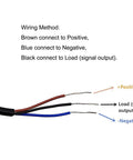Wiring instructions for Inductive Proximity Sensor SN04 N2 NPN NC Normally Closed Switch with 4mm range showing wire connections.