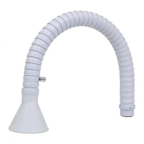 Pro Grade Welding Fume Extraction Arm Paired With 75Mm Flexible Exhaust Hose And White Round Hood For Soldering Smoke Straight Clear Out, flexible white hose with conical hood.