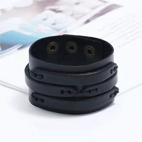 Two Piece Punk Leather Cuff Bracelet Set Vintage Wristband For Men And Women Adjustable Retro Biker Arm Band, black leather