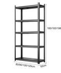 Heavy Duty Five Tier Steel Shelving Unit Adjustable Metal Bookshelf showing height and width dimensions for garage or kitchen storage.