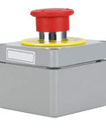 Red Emergency Stop Push Button Switch 22mm Aluminum Enclosure Normally Closed Momentary Stop Button Industrial Control Station IP66 Built Like a Tank Wall Mount Box for RFI and Harsh Environments, side view