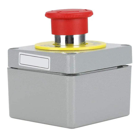 Red Emergency Stop Push Button Switch 22mm Aluminum Enclosure Normally Closed Momentary Stop Button Industrial Control Station IP66 Built Like a Tank Wall Mount Box for RFI and Harsh Environments, side view