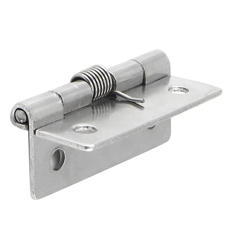 Close-up of stainless steel spring-loaded cabinet hinge, 2-inch length, self-closing.