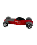 Side view of red and grey 1/64 scale BluTrack Racer for high speed track action on 1/64 scale tracks, part of a three pack.