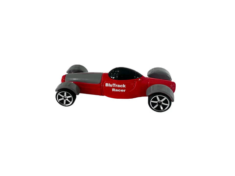 Side view of red and grey 1/64 scale BluTrack Racer for high speed track action on 1/64 scale tracks, part of a three pack.