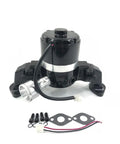 Knocking Out Engine Drag With This Badass Big Block Chevy Electric Water Pump Delivers Slammin 35 GPM High Flow Performance Perfectly Crafted From Lightweight Aluminum For 396 427 454 Blocks Adding Serious Kick To Your Hot Rod Build Today - Black electric water pump with mounting hardware.