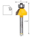 Chamfer Router Bit For Bevel Edge Forming, 45 Degree Cut, Quarter Inch Shank And Quarter Inch Cutting Length, detailed view