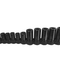 Tap Socket Set With Magnetic Sockets 11 Piece Kit Pro Grade For Tap And Die Use Fits Metric And Standard Taps Up To One Half Inch And One Eighth Inch NPT, shown in a row.