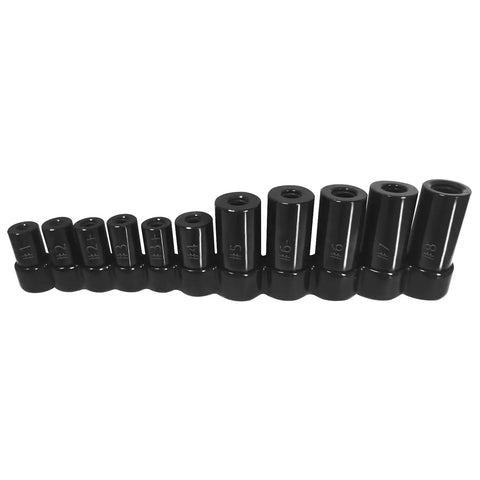 Tap Socket Set With Magnetic Sockets 11 Piece Kit Pro Grade For Tap And Die Use Fits Metric And Standard Taps Up To One Half Inch And One Eighth Inch NPT, shown in a row.