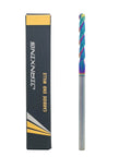 Extra Long DLC Coated Ball Nose End Mill One Eighth Inch Two Flute Carbide Cutter next to its packaging for aluminum plastic alloys