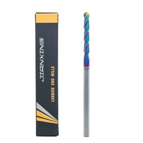 Extra Long DLC Coated Ball Nose End Mill One Eighth Inch Two Flute Carbide Cutter next to its packaging for aluminum plastic alloys