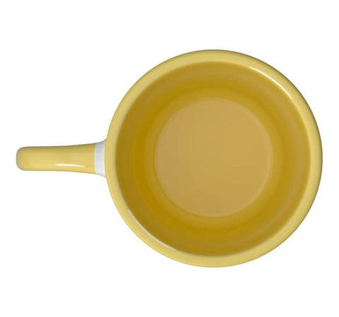 Top view of Gyrocopter Themed Ceramic Mug For Gyroplane Enthusiasts And Autogyro Fans 11 Ounce Yellow And White Coffee Cup