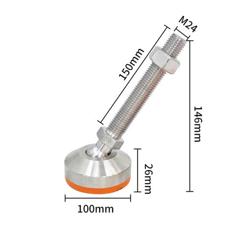 Rock Solid 304 Stainless Steel Adjustable Leveling Feet With 360 Degree Swivel And Thick Yellow Rubber Pads For Heavy Duty Workbenches Machinery And Cabinets Keeps Things Square Without The Wobble Four Pack For Quick Level Install, M24 size, 150mm height.