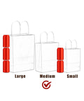 Comparison of large, medium, and small gift bags with handles, illustrating the 32 Pack Medium Gift Bags With Handles 7.6 X 4.75 X 10.5 Inch Assorted Color Paper Bags For Cookies Pastries Desserts Party Treats Bulk Stock Up Eco Friendly Thick Paper size.