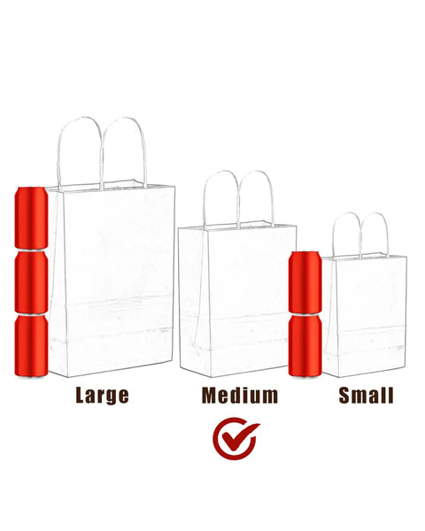 Comparison of large, medium, and small gift bags with handles, illustrating the 32 Pack Medium Gift Bags With Handles 7.6 X 4.75 X 10.5 Inch Assorted Color Paper Bags For Cookies Pastries Desserts Party Treats Bulk Stock Up Eco Friendly Thick Paper size.