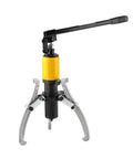 Heavy Duty Hydraulic Wheel Bearing Puller And Separator Kit features a yellow hydraulic pump and adjustable silver jaws to remove stubborn parts.