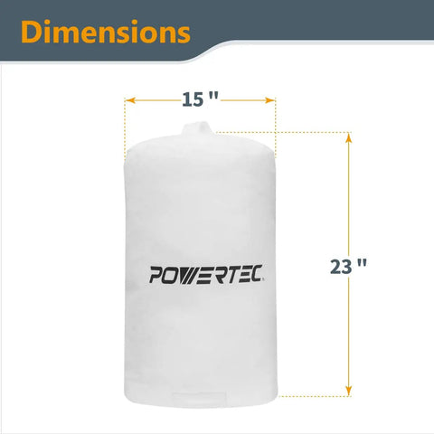 Heavy Duty Dust Collector Bag 15 X 23 Inch, 1 Micron Filter For Fine Dust, Fits Delta JET Grizzly Shop Fox Harbor Freight And Powertec DC 1080 DC 1081, white bag with dimensions marked