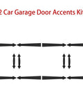 Magnetic Decorative Garage Door Hardware Kit For Two Cars, 12 Pieces, Faux Hinges And Handles, Black, shown in layout.
