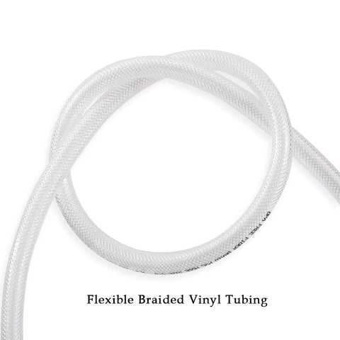 Clear braided vinyl tubing, 1-inch ID, 25 ft length, flexible reinforced PVC hose.
