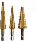 Three Piece Pro Grade Titanium Coated HSS Step Drill Bit Set For Metal Wood Plastic And Aluminum With One Quarter Inch Hex Shank Dual Flute For Clean Holes And Fast, Easy Drilling In Stainless Steel, shown front view.