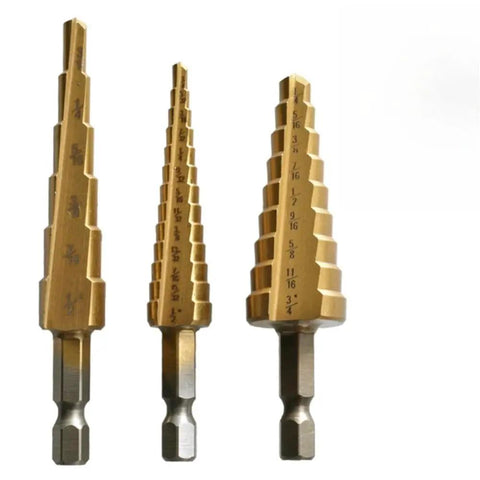 Three Piece Pro Grade Titanium Coated HSS Step Drill Bit Set For Metal Wood Plastic And Aluminum With One Quarter Inch Hex Shank Dual Flute For Clean Holes And Fast, Easy Drilling In Stainless Steel, shown front view.