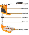 Adjustable Universal Drill Press Stand With Heavy Duty Aluminum Base, showcasing handle, graduated scale, and aluminum alloy base.