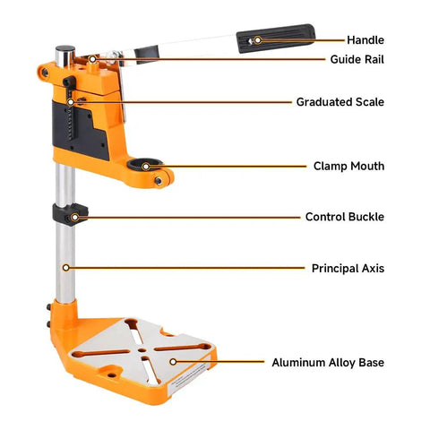 Adjustable Universal Drill Press Stand With Heavy Duty Aluminum Base, showcasing handle, graduated scale, and aluminum alloy base.