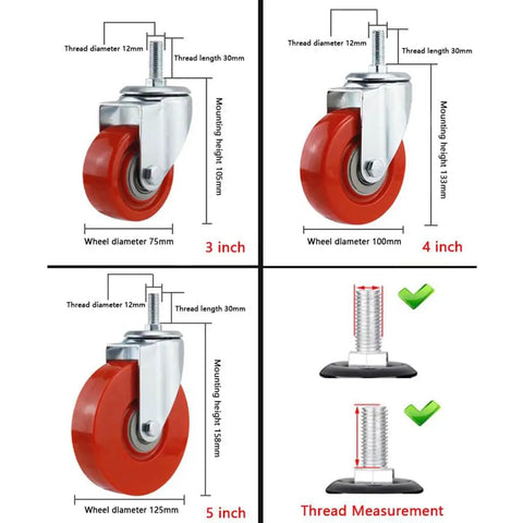 4 Pack Hella Tough Heavy Duty Caster Wheels With Dual Locking Brakes M12x30mm Bolt Thread showing 3 in, 4 in, 5 in sizes and thread measurements.