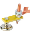 Close-up of Heavy Duty 2 Pcs Magnetic Ground Clamps For Metalworking Welding Jobs with metal base and yellow top for stability.