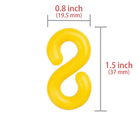 Yellow S-hook for Pro Grade Plastic Safety Barrier Chain For Crowd Control And Parking, 65 Ft Length With Base, includes dimensions
