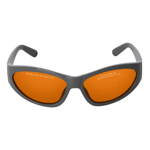 Pro Grade Laser Safety Glasses Serving Up Dead Straight Vision And Knockout Defense Across Two Hundred To Five Hundred Forty Nano Meters Plus Eight Hundred To One Thousand One Hundred For Q Switched Tattoo Removal And Med Spa Treatments Daily, orange lenses, gray frame