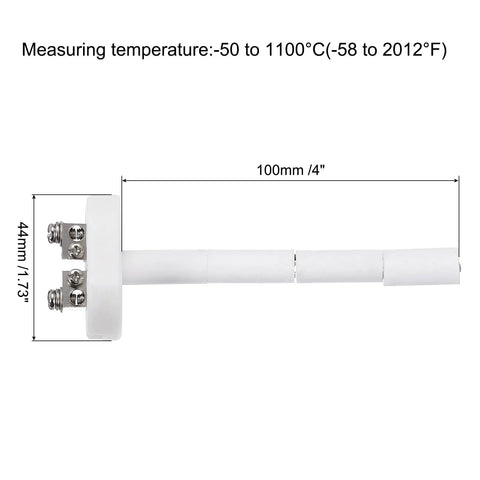 2 Pack K Type Ceramic Kiln Thermocouple Probes 4 Inch Long 2x100mm For Muffle Furnace Oven High Temp 0 To 1100C Temperature Sensor Replacement Kit For Accurate Temperature Control In Home Workshops showing one probe with dimensions