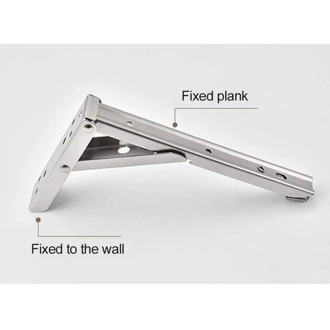 2 Piece Heavy Duty Folding Shelf Brackets Wall Mount showing stainless steel construction and installation on wall for wood support.