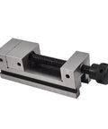 Precision Toolmakers Vise Featuring Three Inch Jaw Width Four Inch Jaw Opening Plus Drop Dead Accurate Hardened One Piece Body Rock Solid Milling Workholder side view of durable steel construction and adjustable clamping mechanism.