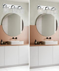 Three Light Crystal Vanity Light Fixture With Chrome Finish, above a bathroom mirror, modern crystal wall sconce lighting style.