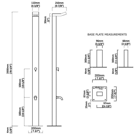 Marine Grade 316 Stainless Outdoor Shower Panel That Will Not Rust Built For Pools Backyards Beach Houses And Resorts Hot And Cold Water Connections Wall Mount Or Freestanding Installations UPC Registered dimensions diagram
